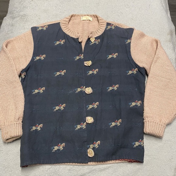 Vintage Hand Knit Cardigan Sweater Womens Large Horse Equestrian 80s Cottage - Picture 2 of 10